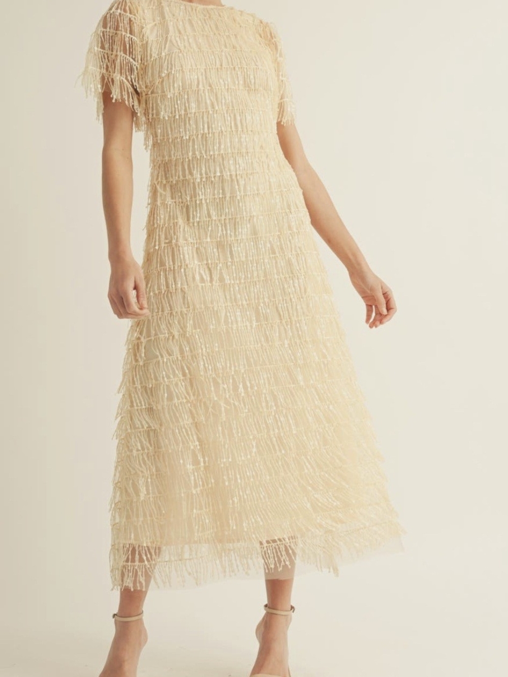 Elegant Champagne Sequin Fringe Midi Dress